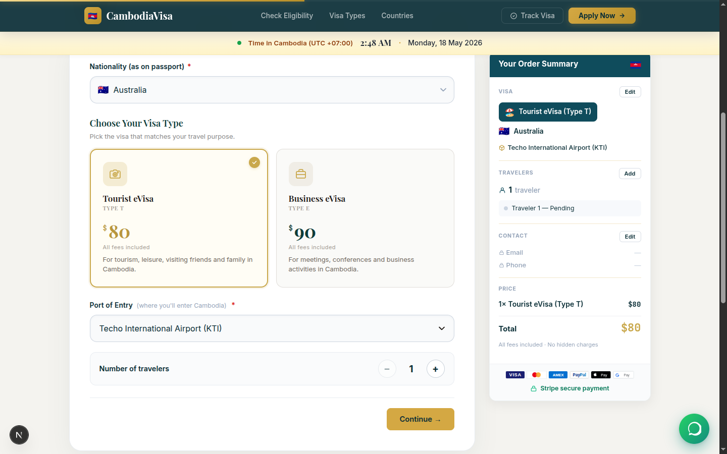 Cambodia eVisa application — Step 1: Visa Setup form with nationality, visa type, port of entry, and traveler count fields