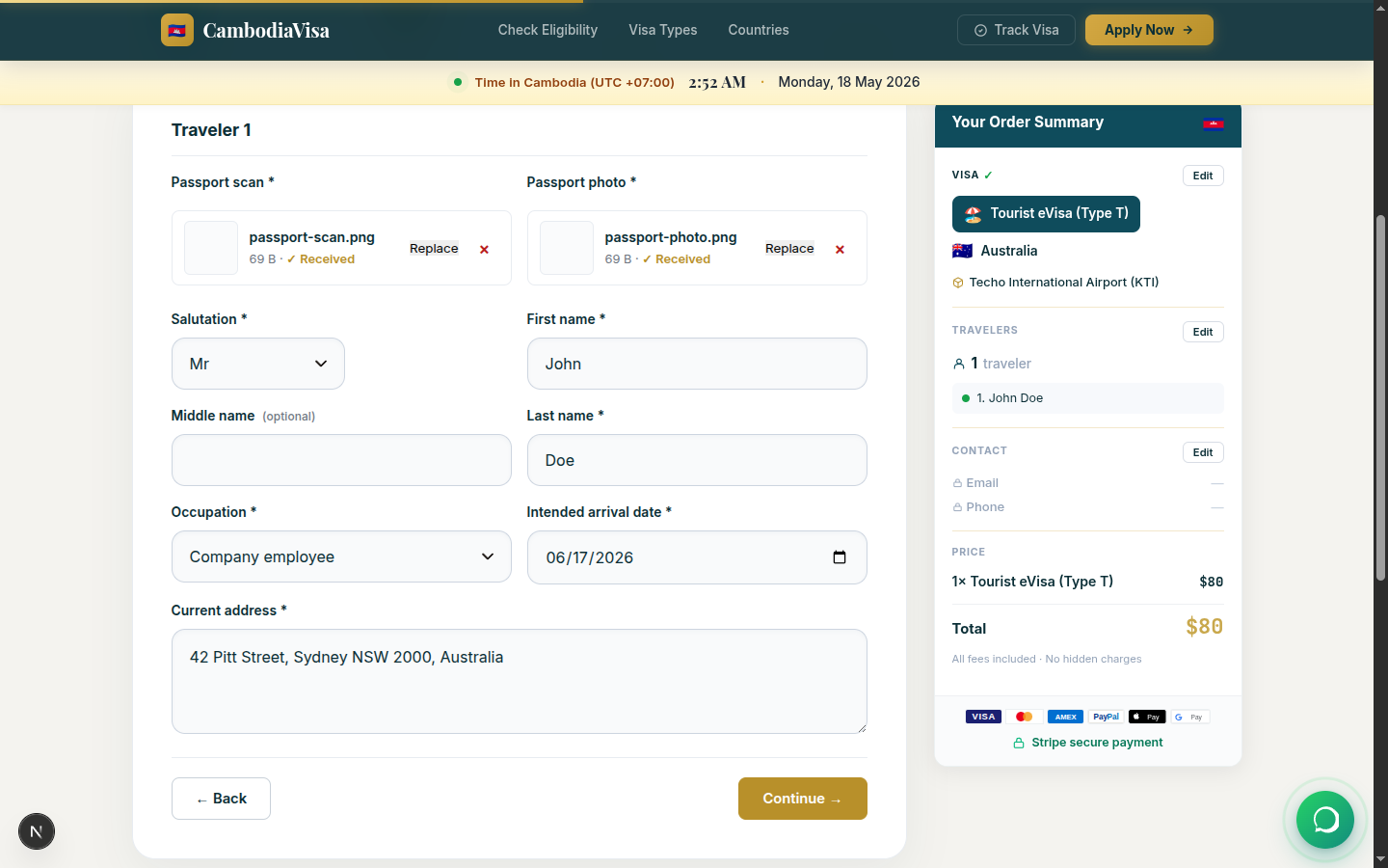 Cambodia eVisa application — Step 2: Traveller details with passport scan, passport photo, name, occupation, arrival date, and address