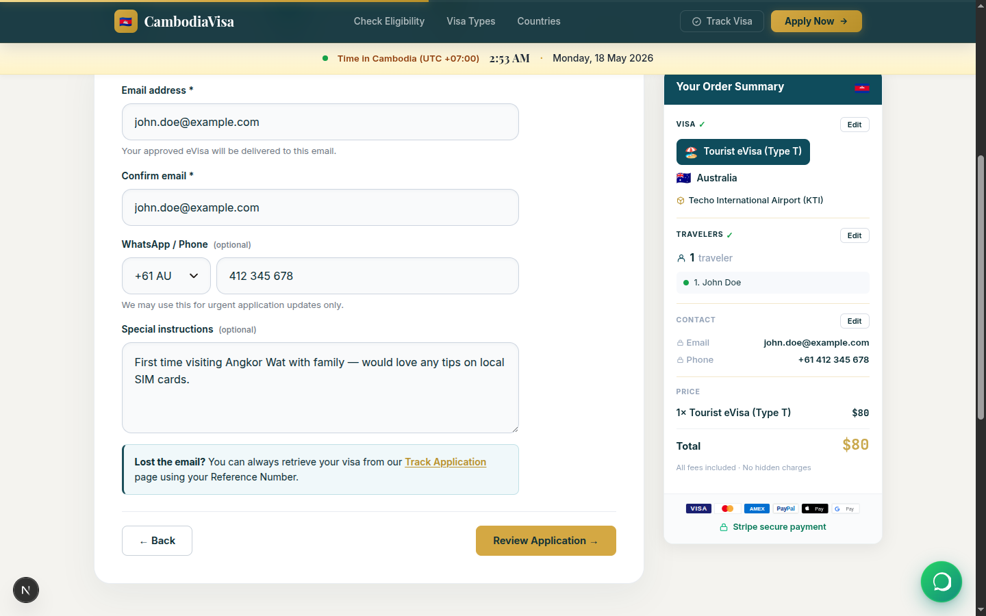 Cambodia eVisa application — Step 3: Contact details with email, confirm email, WhatsApp/phone number, and optional special instructions