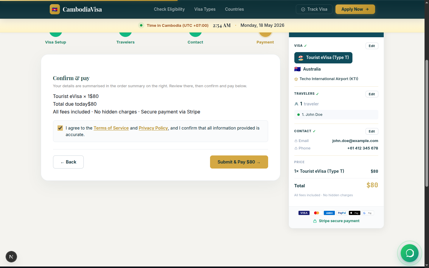 Cambodia eVisa application — Step 4: Payment with order summary, Terms of Service agreement, and Submit & Pay button